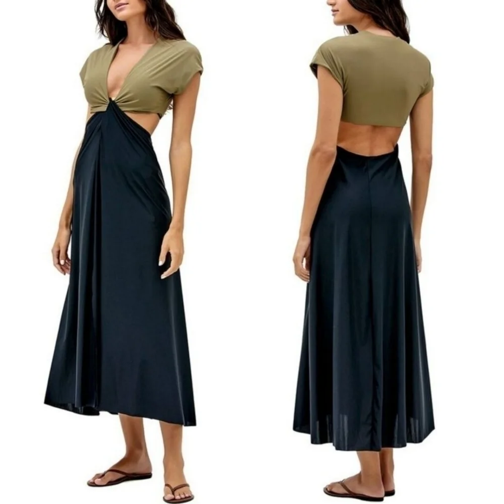 New ViX Loop Swim Beach Cover-Up Olive/Black Midi Dress NWT Size Large